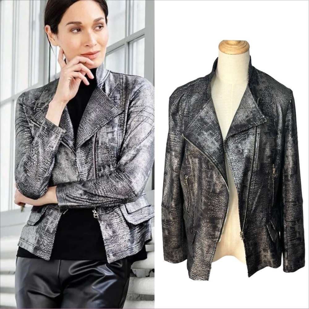 Clara Sun Woo Jacket L Liquid Leather Faux Gunmetal Metallic Biker Snakeskin